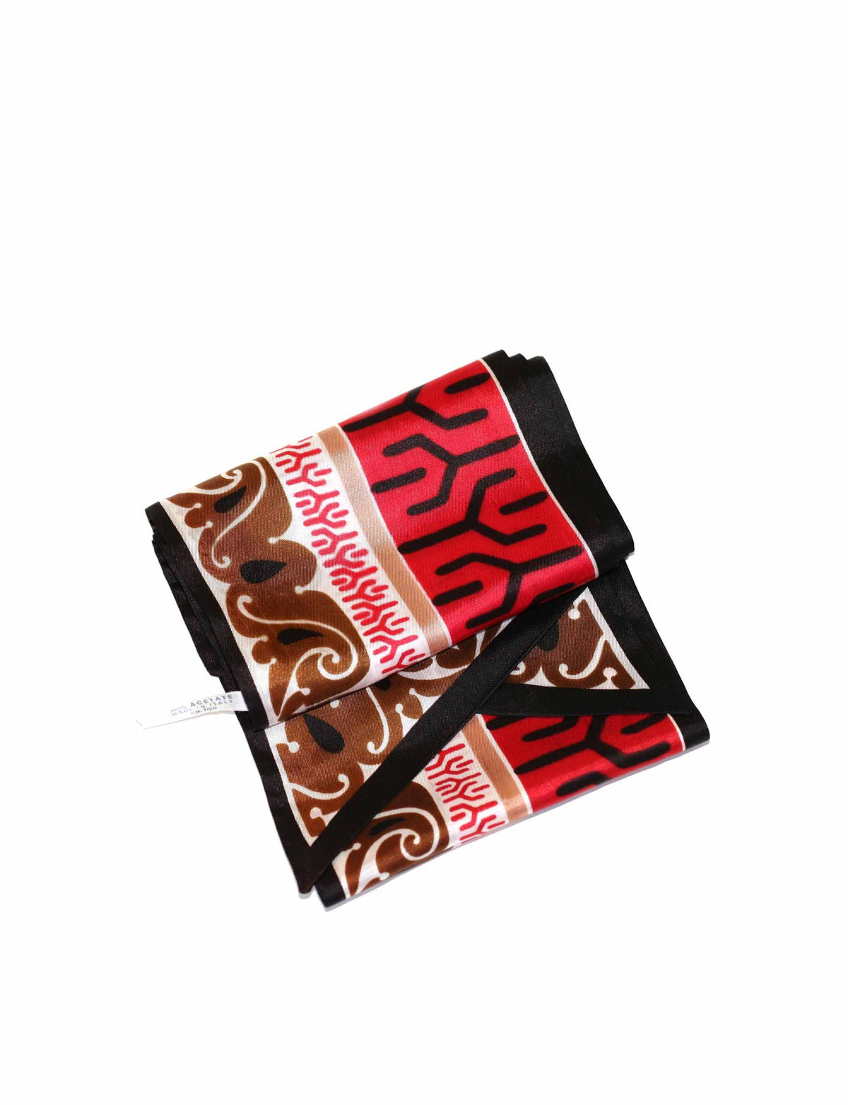 Folded long tie scarf with red, black, and brown geometric and swirl pattern