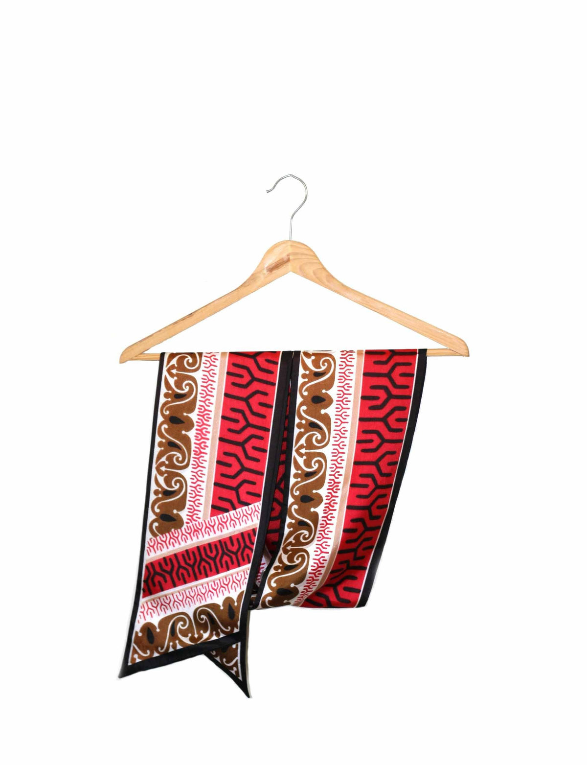 Long patterned tie scarf in red, black and brown, shown hanging with layered ends
